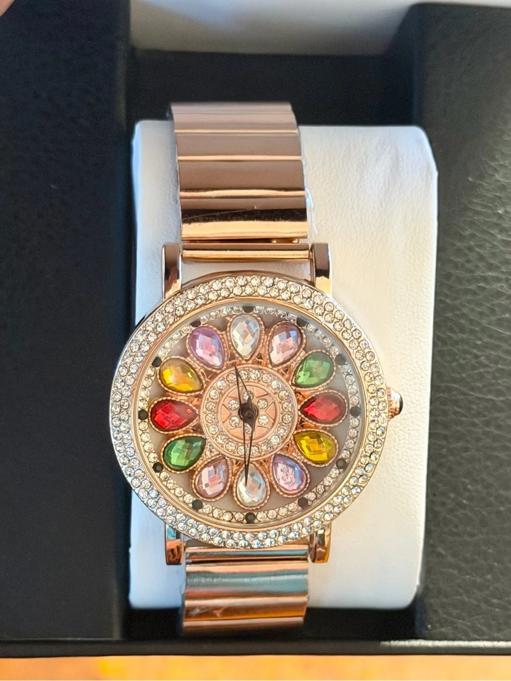 Rose Gold Women's Crystal Flower Dial Bracelet Watch - Multicolor Stones